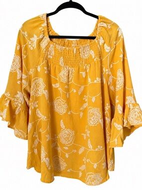 Cocomo Woman Yellow Floral Bell Sleeve Peasant Blouse Plus Size 1X